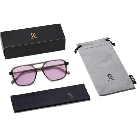 Women's Grey Purple Trendy Rectangle Retro Aviator Sunglasses Elegant Frame - Picture 6 of 6